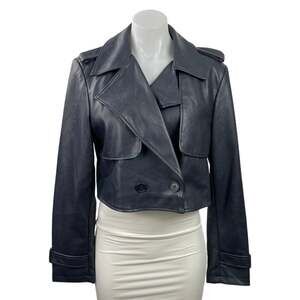 7 For All Mankind Black Faux Leather Vegan Cropped Biker Moto Coat Jacket Size M